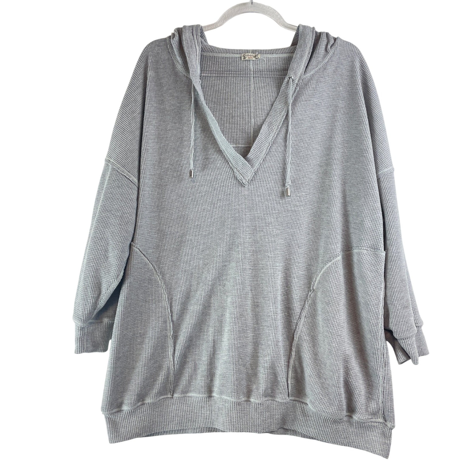 Intimately Free People Gray Waffle Knit V-Neck Hoodie Oversized Thermal Small